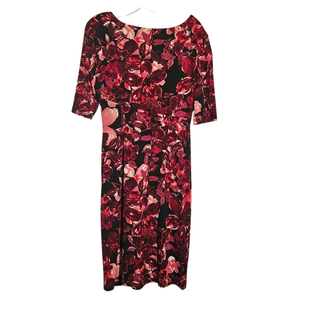 Connected Apparel Stretchy Black Red Pink Floral Rushed Wrap Style Dress 10 - Picture 2 of 5